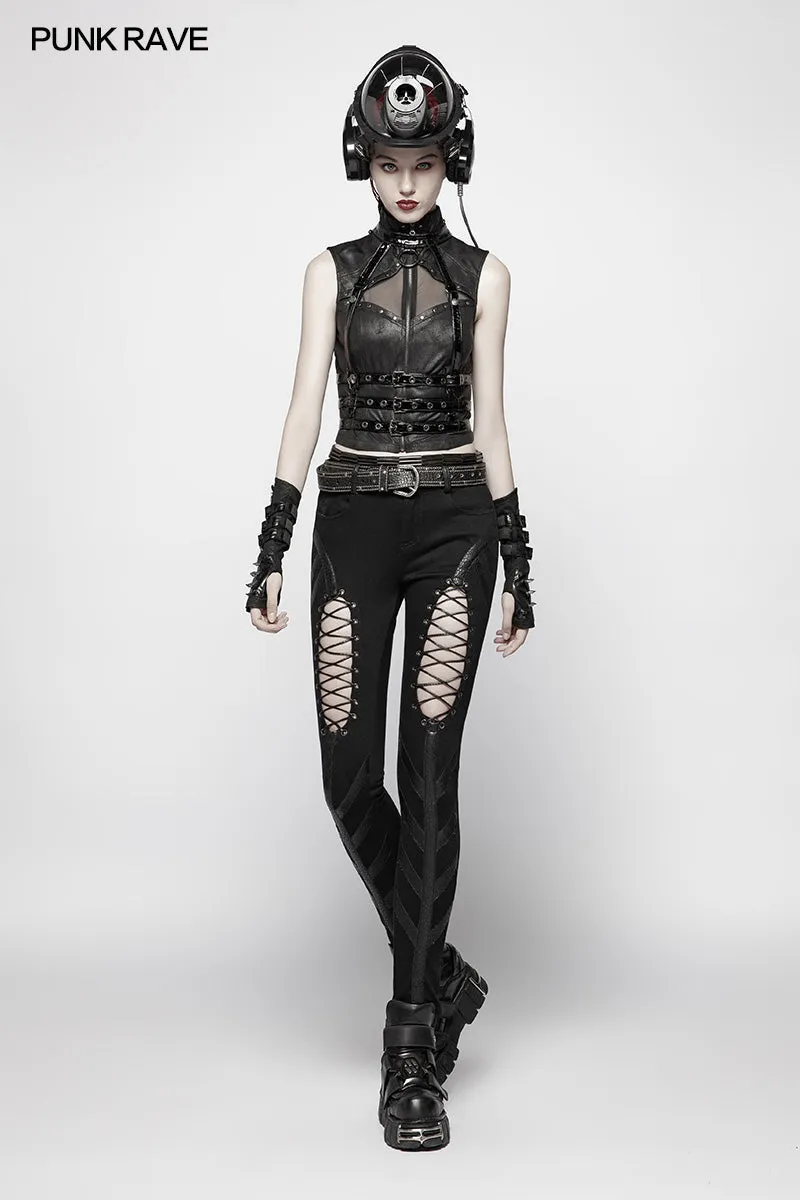 WY-986 Punk High Neck Elastic Knitted PU Super Short Vest