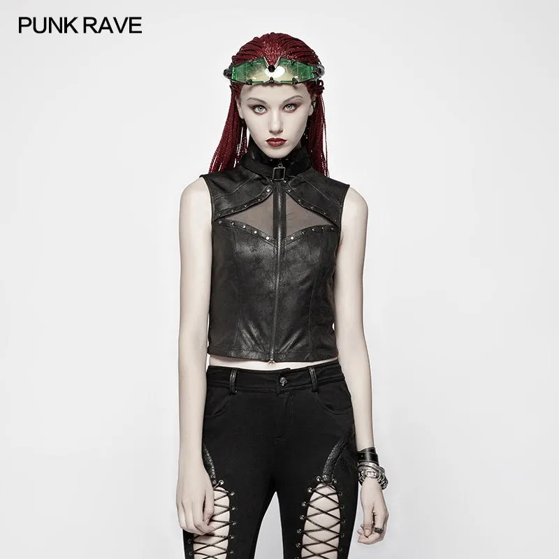 WY-986 Punk High Neck Elastic Knitted PU Super Short Vest