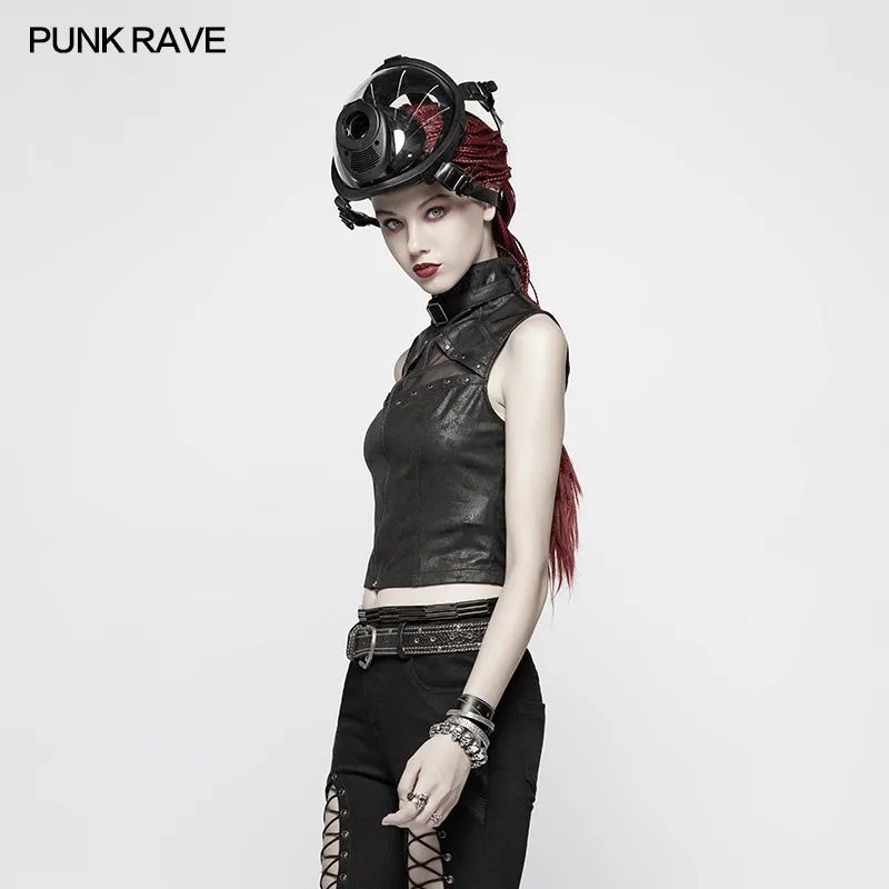 WY-986 Punk High Neck Elastic Knitted PU Super Short Vest