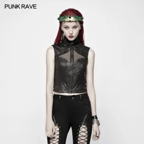 WY-986 Punk High Neck Elastic Knitted PU Super Short Vest