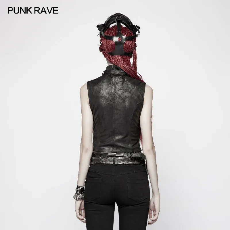 WY-986 Punk High Neck Elastic Knitted PU Super Short Vest