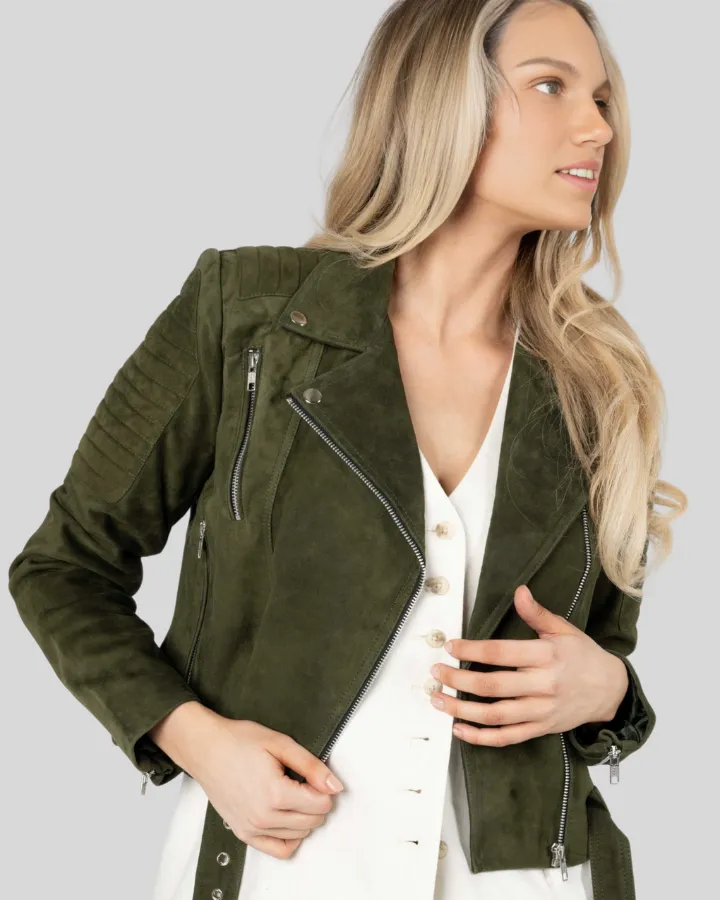 Zora Olive Green Suede Biker Leather Jacket