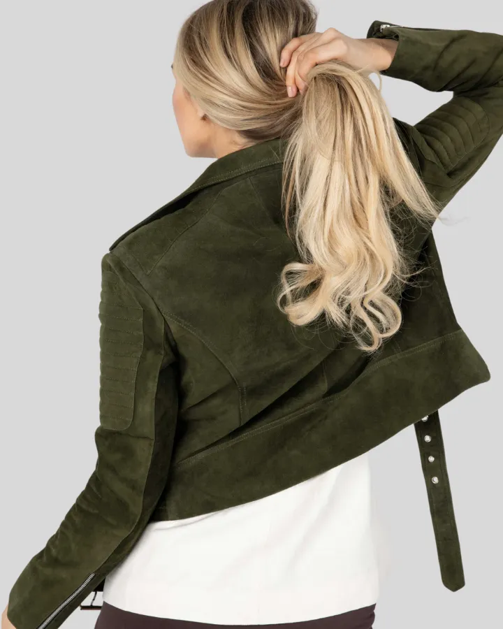 Zora Olive Green Suede Biker Leather Jacket