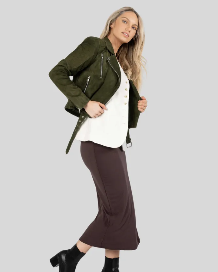 Zora Olive Green Suede Biker Leather Jacket